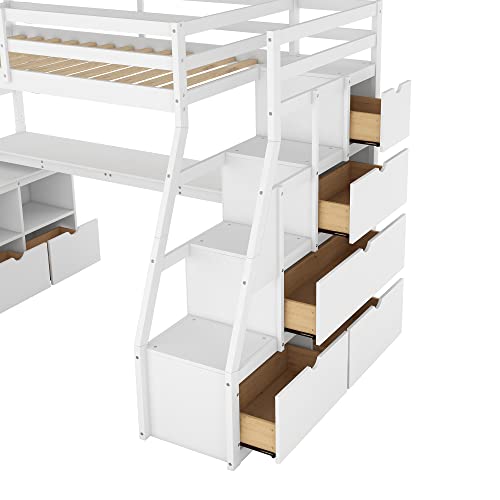 Merax Loft Bed Twin Size, Wooden Frame With Desk And Storage, Space-Saving Design With Convenient Multi-Drawers & Cabinet, For Teens Adults (White) #TOP6