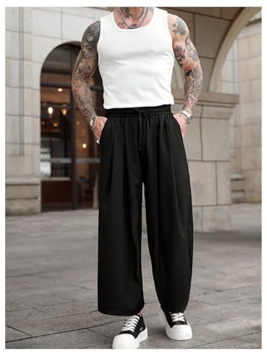 OYOANGLE Men's Solid Loose Fit Casual Pants Drawstring Elastic Waist Lightweight Pleated Trousers4