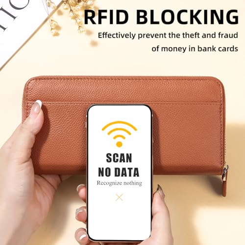 Image of RFID Blocking Womens Zipper Wallet Leather Large Capacity Billfold Clutch Zip Around Wallets for Women