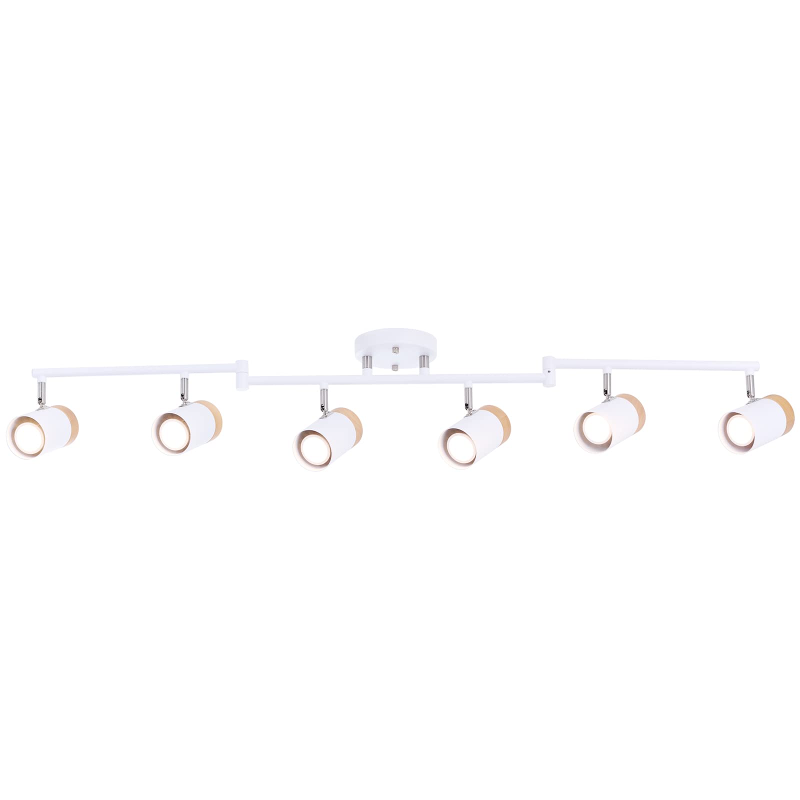 TeHenoo 6-Light Track Light, Flexible Arms,350°Rotation Spotlights with Metal and Natural Wood Shade for Living Room,Dining Room,Kitchen,Art Studio (White)