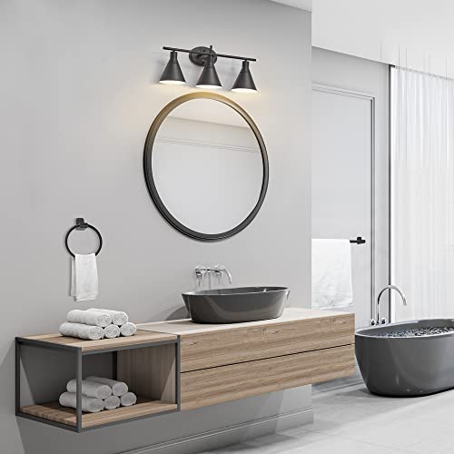 Image of Globe Electric 52060 Tristan 5-Piece All-In-One Bathroom Set, Matte Black, 3-Light Vanity Light, Towel Bar, Toilet Paper Holder, Towel Ring, Robe Hook