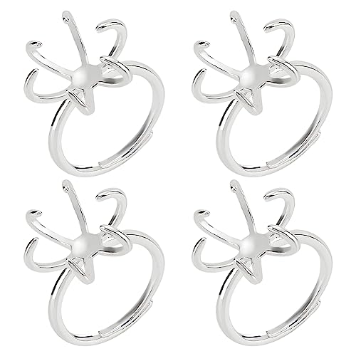 NBEADS 4 Pcs Claw Ring Blank Adjustable Brass Ring Bases 16.5mm Finger Ring Components 6 Prong Ring Settings Gemstones Cabochon Setting for DIY Ring Jewelry Making Silver