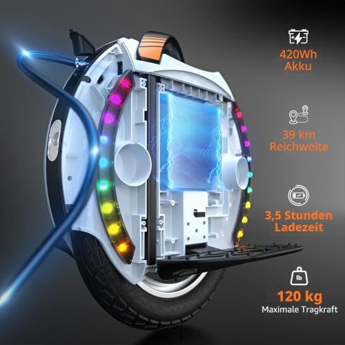 Kingsong Elektro-Laufrad KS-14D, Erwachsene,Weiß, 800W Motor, Reichweite bis zu 40km, 20km/h begrenzt, 14\ Luftreifen, Lautsprecher und Bluetooth