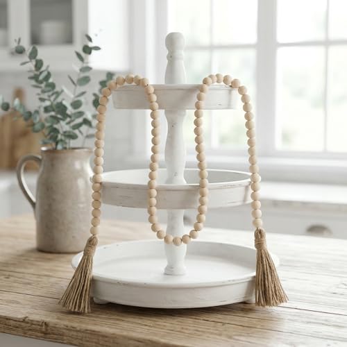 Farmhouse Beads 58in Wood Bead Boho Tassel Garland - Rustic Country Boho Chic Decor for Wall, Above Cabinet & Table