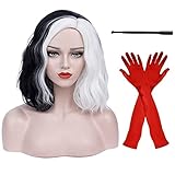 ♥ Longitud: aprox. 32 cm, peso: aprox. 180 g, pelo corto negro y blanco de bob para mujer o niña disfraz cosplay.