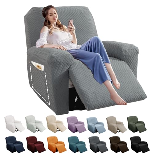 Image of YEMYHOM 4 Pieces Oversized Stretch Recliner Slipcover Jacquard Large Recliner Chair Cover with Side Pocket Anti-Slip Furniture Protector with Elastic Bottom (X-Large Recliner, Light Gray)