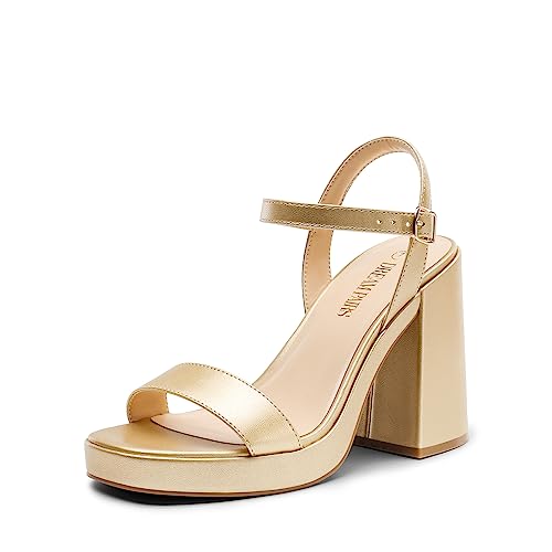 DREAM PAIRS Heels for Women Block Chunky Platform High Heels Open Toe GISELLE Fashion Wedding Party Evening Prom Dance Ankle Strap Dress Pump Sandals Shoes,Size 7,Gold