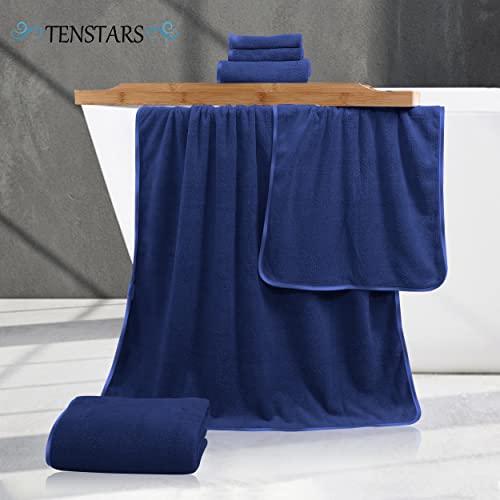 Tenstars Luxury Silk Hemming Towel Set - Light Thin Quick Drying - 2 Bath Towels 2 Hand Towels 2 Washcloths - Ultra Soft Microfiber Towel For Bath Fitness, Sports, Yoga, Travel (Navy Blue 6 Pieces) #TOP1