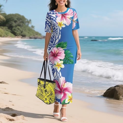 Image of Puletasi Samoan Traditional 2 Piece Outfits for Women Short Sleeve Crop Top and Maxi Skirt Sets Puletasi Dress