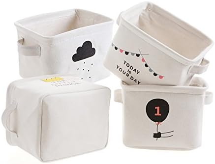 Foldable Small Storage Baskets Square Cotton Fabric Storage Bins Desk Shelf Basket Organizer, Set of 4 (Cream)