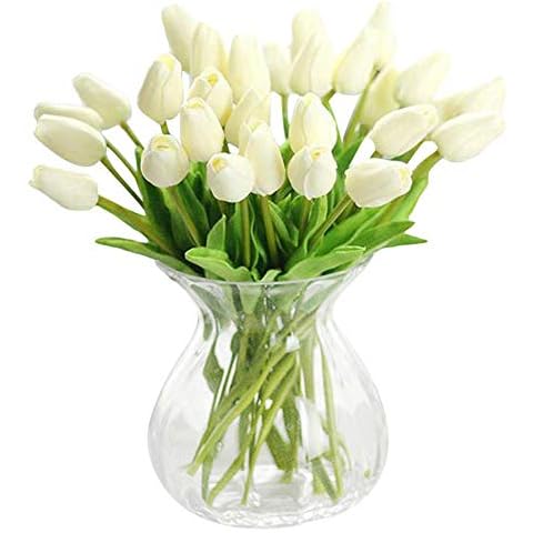 AHXHWKA 30 pcs Real-Touch Artificial Tulip Flowers Home Wedding Party Decor (Off White) Cover