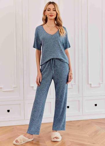 Image of Ekouaer Womens Ribbed Knit Lounge Set Short Sleeve Top and Long Pants Sleepwear Pajama Set Two Piece Matching Outfits Set