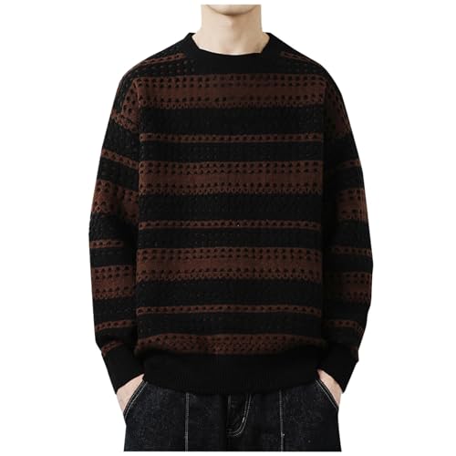 Striped Sweater for Men Ribbed Knit Pullover Round Collar Fashion Jumper Tops Long Sleeve Loose Comfort Sweaters