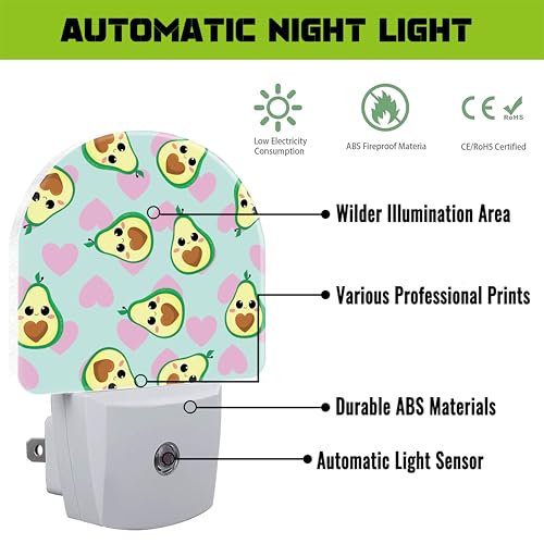 Image of Avocado and Pink Hearts Night Light for Kids,Cute Cartoon Avocados Plug in Night Light with Dusk to Dawn Sensor, 0.5w Energy Saving Nightlight for Hallway Stairway Kitchen Bedroom