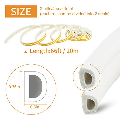 Keliiyo Door Weather Stripping, Window Seal Strip For Doors And Windows - Self-Adhesive Foam Weather Strip Door Seal | Soundproof Seal Strip Insulation Epdm D Type 66Ft(20M) 2 Pack (White) #TOP1