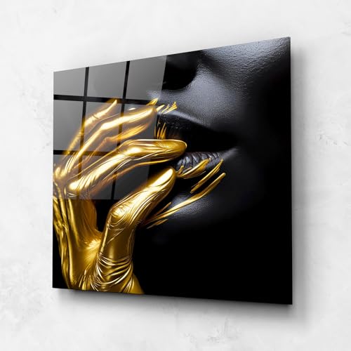 ARTHUB® Quadro in vetro 60x60 cm, 5mm temperato | Quadri moderni in vetro per soggiorno e camera da letto, decorazione da parete, arredamento d'interni, Donne, Gold Small Hand
