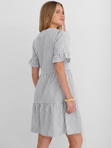 Image of Caracilia Dresses for Women Summer 2026 Striped V Neck Ruffle Sleeve A Line Tiered Flowy Casual Mini Beach Dress with Pockets