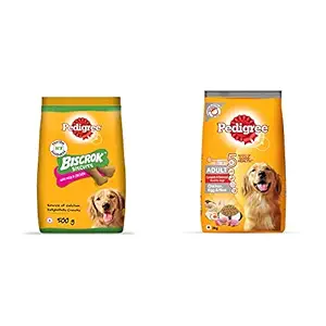 Pedigree Biscrok Biscuits Dog Treats (Above 4 Months), Milk and Chicken Flavor, 500G Pack & Adult Dry Dog Food, (High Protein Variant) Chicken, Egg & Rice, 3Kg Pack