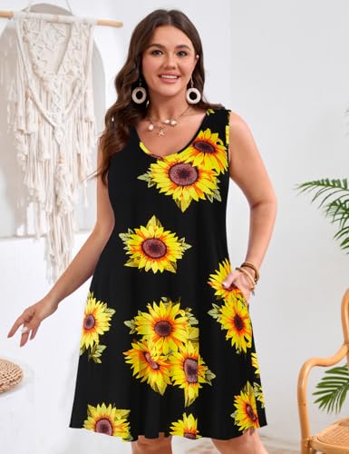 Image of JollieLovin Women Plus Size Curvy Summer Tank Sun Dresses Sleeveless Causal T-Shirt Dress Beach Swing Cover up(L-5X)