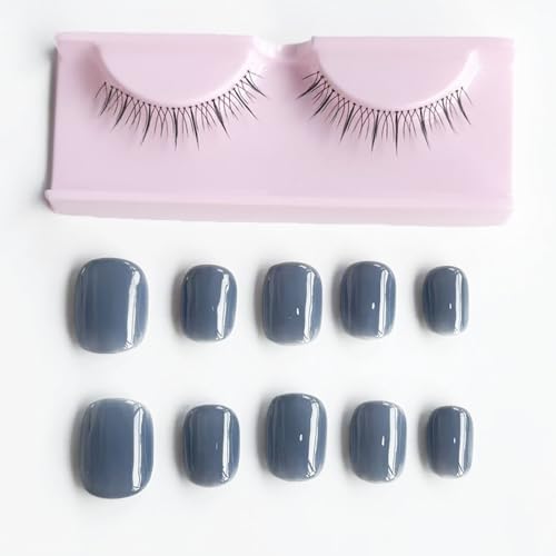 FTmoonie ネイルチップ 手作りネイルチップ 手織りつけまつげ ペアまつ毛 プレスオンネイル press on nail 付け爪 ショートタイプ 無地 ナチュラルまつげ1ペア付き グレイッシュブルーネイル 10枚ネイル入り 日常用 通勤用 誕生日 卒