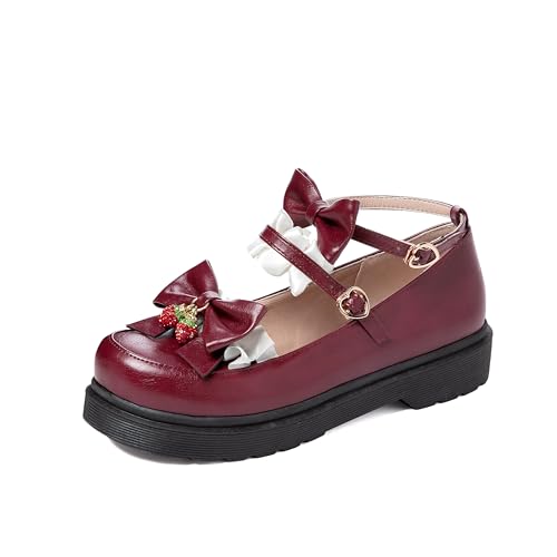 Women's Bow Ankle Strap Platform Lolita Shoes, School Cute Mary Jane Shoes, Dress Closed Toe Flat Mary Jane Kawaii Shoes