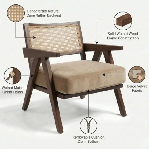 Image of Kingsman Furnitures ABEL Rattan Teak Wood Accent Arm Chair for Home Bedroom, Living, Dining, Drawing Room | Ultra Soft and Comfortable for Stress Free | Removable Cushion (KF-Walnut-Beige-Velvet)
