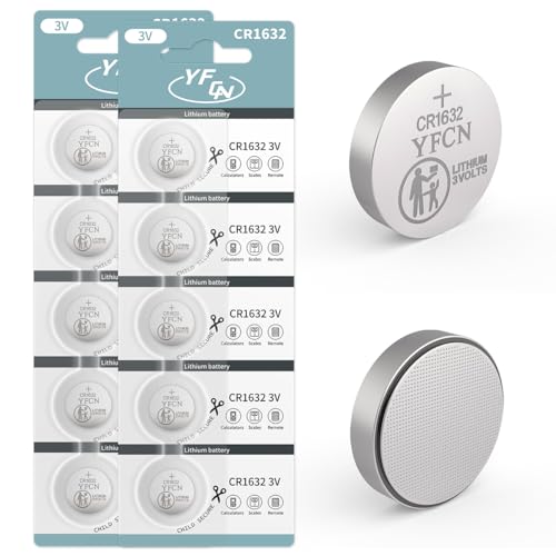 YFCN CR1632 Battery 3V Lithium Battery 10 Count Pack CR1632 Batteries for Car Key Fob Keyless Remote Sensors - CR 1632 Coin Cell Batteries - 5 Years Shelf Life