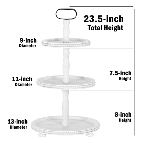 Urban Deco Wooden Tiered Tray 3-Tier Decorative Tray Stand Farmhouse Serving Tray, Round Wooden Cupcake Display Stand with Metal Handle, White Tiered Fruits Tray for Home Party Decorations by Urban Deco - Image 4
