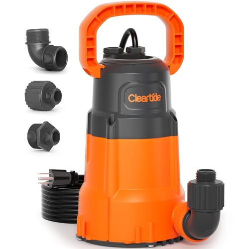 Cleartide Utility Pump, 8160 LPH Submersible Water Pump for Pool Draining, Hot Tub, Basement,100% Copper Motor, Electric Drain Pump Handles 1/8' Solids, 10 FT Cord