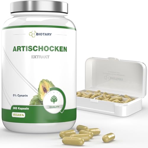 Extrait d'artichaut | 365 gélules | Extrait 30:1 (=72.000 mg d'artichaut) | 5% cynarine (120 mg) | 2400 mg portion journalière | pilulier inclus | végétalien