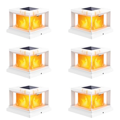 Brightever 4x4 Post Solar Lights with Flickering Flame, Solar Flame Post Cap Lights Outdoor for 3.5x3.5 4x4 Wooden/Vinyl Post, White Fence Post Solar Lights for Garden Patio Porch, 6-Pack
