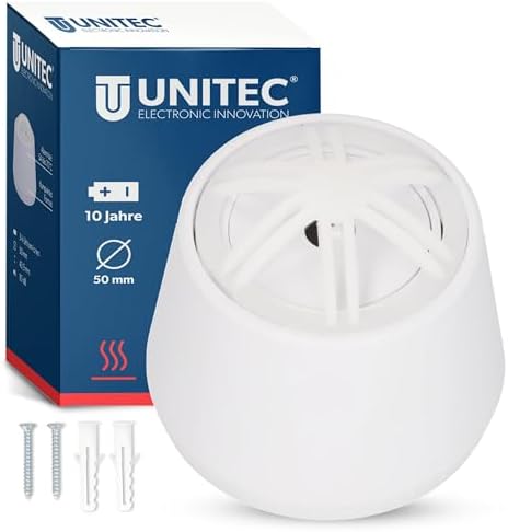 UNITEC Detector de Calor Mini, Alarma a 57 – 70 °C, batería de 10 años, función de autoprueba.