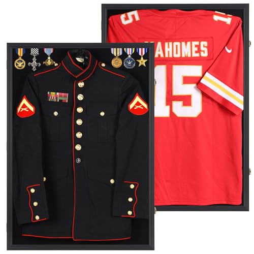 XL Large Football/Hockey Jersey Display Frame Military Uniform Display Case Police Uniform Shadow Box, UV Protection Ultra Clear (Black Finish Frame)