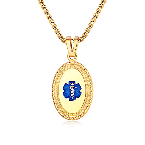 Divoti Custom Engraved-PVD Gold Premier Disc Tag Medical Alert Necklace, Medical ID Necklace Women, Medical Pendant Tag- Various Color and (24/28 IN) PVD Gold Square Rolo -TP Blue