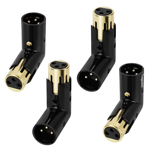 Togconn Adjustable 3-PIN Right Angle XLR Adapter 4 Pack - 90 Degree Male to Female Gold Plated Heavy Duty Metal Connector, L Shape Extender With Adjustable Orientation