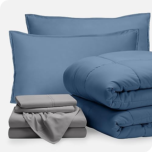 Bare Home Bed-in-A-Bag 7 Piece Comforter & Sheet Set - Queen - Goose Down Alternative - Ultra-Soft 1800 Premium - Bedding Set (Queen, Coronet Blue/Light Grey)