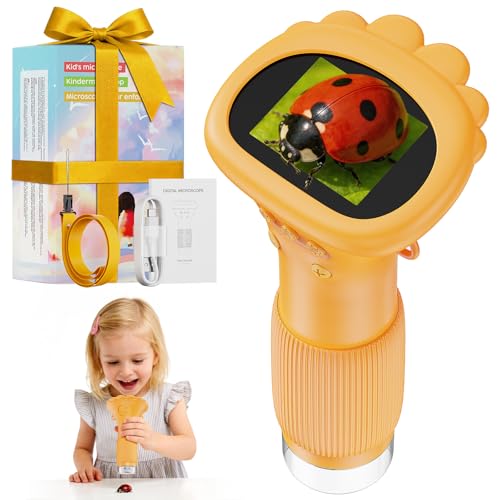 ASPOVEN Microscopio Portatile Niños Zoom 1000x - Microscopio Digital Mini Recargable, Microscopi con Pantalla, 8 Luces LED, Ciencia Experimentos Juguetes para Cumpleaños/Navidad/Año Nuevo(Naranja)