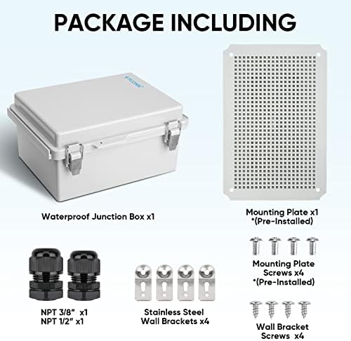 TICONN Waterproof Electrical Junction Box IP67 ABS Plastic Enclosure with Hinged Cover with Mounting Plate, Wall Brackets, Cable Glands (Off-White, 11"x7.5"x5.5")