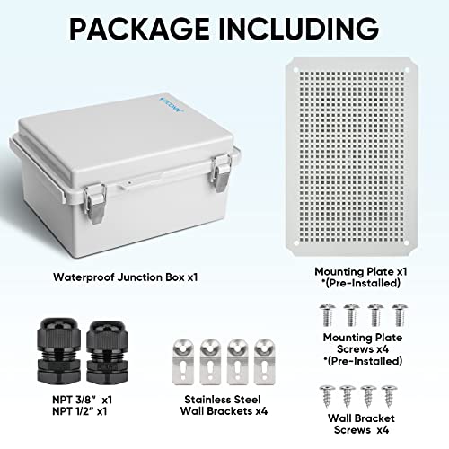 TICONN Waterproof Electrical Junction Box IP67 ABS Plastic Enclosure with Hinged Cover with Mounting Plate, Wall Brackets, Cable Glands (Off-White, 11"x7.5"x5.5")