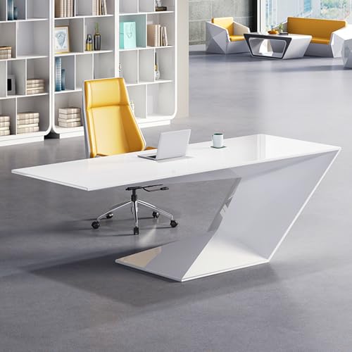 HOFMSX モダン 合成木製 エグゼクティブデスク ホワイト、ホワイトデスク、シンプルボス (ホワイト、長さ55インチ x 幅28インチ x 高さ30インチ)