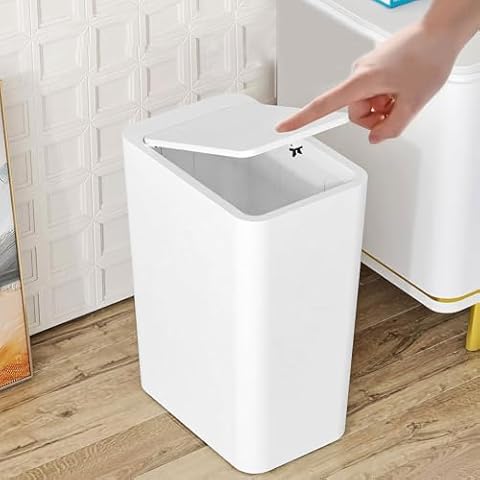 HEALT 4 Gallon Min Trash Can with Press Top, 15 Liters Slim Plastic Garbage Can with Press Lid, Dorm Room Small Trash Bin, Min Waste Basket for Bathroom, Office, Bedroom, Kitchen, Living Room (White) Cover