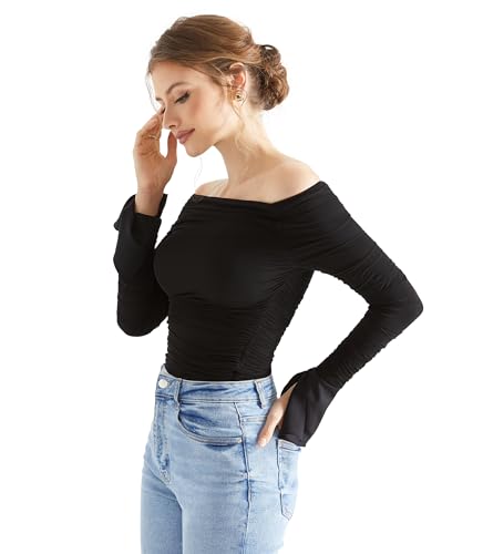 OMKAGI Women Long Sleeve Tops Boat Neck Off Shoulder Shirts Fitted Going Out Y2K Crop Top3