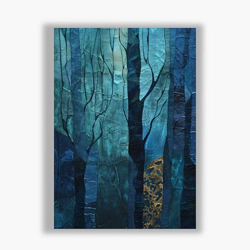 Tableau forêt sombre avec formes d'arbre sculpté, œuvre encadrée luxe