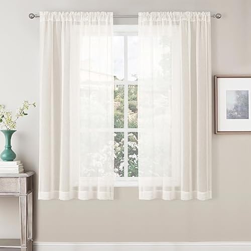 CUCRAF Linen Sheer Curtains 45 Inches Long 2 Panels Set, Semi Sheer Rod Pocket Window Treatment Voile Drapes for Living Room Bedroom(37''W x 45''L, Linen)
