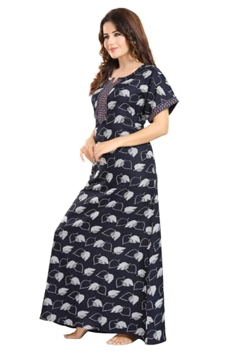 Image of Fabme Women's Cotton Printed Long Maxi Night Gown Nighty Dress with Pocket & Embroidery on Neck and Sleeves