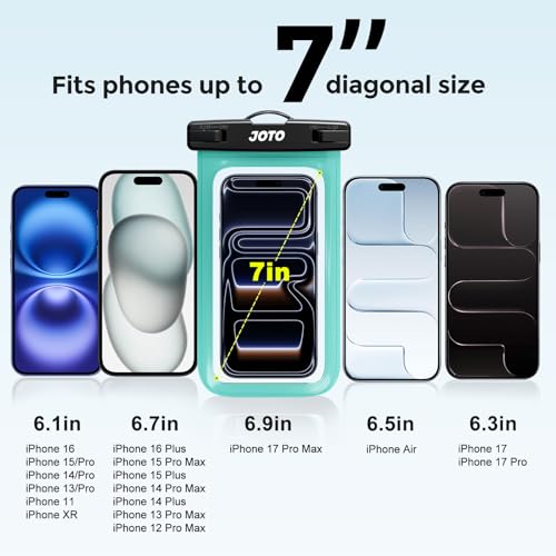 Image of JOTO 2 Pack Universal Waterproof Phone Case for iPhone 17 Air 16 15 14 13 12 11 Plus Pro Max, IPX8 Cellphone Dry Bag XR X SE, Galaxy S23 S22 S21 S20+ S20 S10 Plus Note, Pixel up to 7 inch -Black /Green