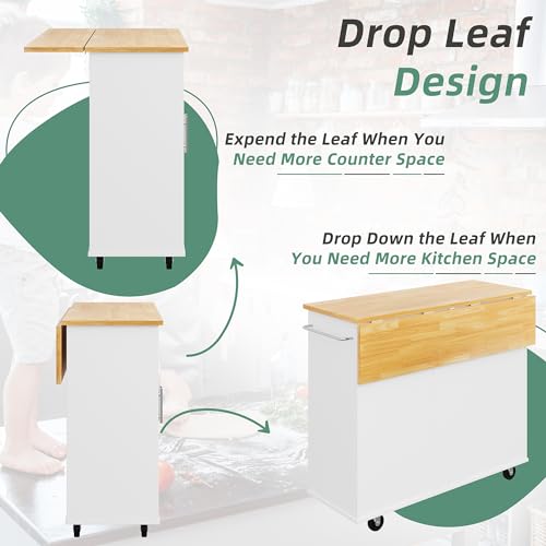 Shintenchi-Rolling-Kitchen-Island-Cart-with-Folding-Drop-Leaf-Breakfast-Bar-Portable-Trolley-Island-with-Large-Storage-Cabinet-Shelf-and-Drawer-White Shintenchi Rolling Kitchen Island Cart with Folding Drop Leaf Breakfast Bar Portable Trolley Island with Large Storage Cabinet Shelf and Drawer White