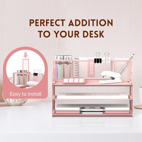 SUPEASY 3 Tier Desk Organizer with Handle & 3 Pen Holders, Mesh Paper/File Organizer for Desk, Paper Letter Tray Organizer for Office Supplies (Pink) image 4