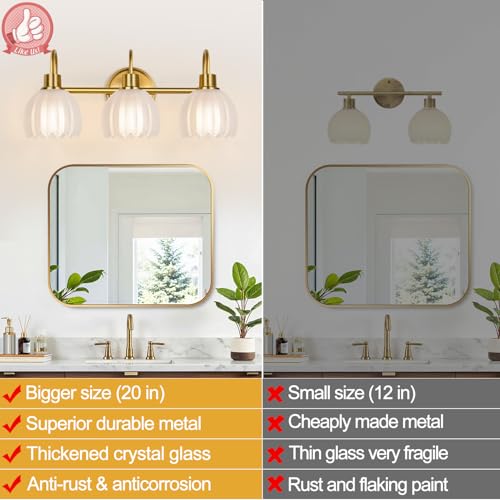 Image of 3-Light Bathroom Vanity Light, 20 inch Brushed Gold Bathroom Light Fixtures with Ribbed Frosted Clear Tulip Glass Shade, Vanity Lighting Fixtures Over Mirror for Bedroom Living Room Hallway