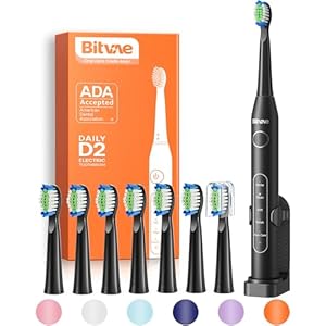 Bitvae Electric Toothbrush for Adults – Ultrasonic Electric Toothbrushes with 8 Brush Heads, ADA Accepted Power Rechargeable Toothbrush with 5 Modes, Smart Timer, Black D2
